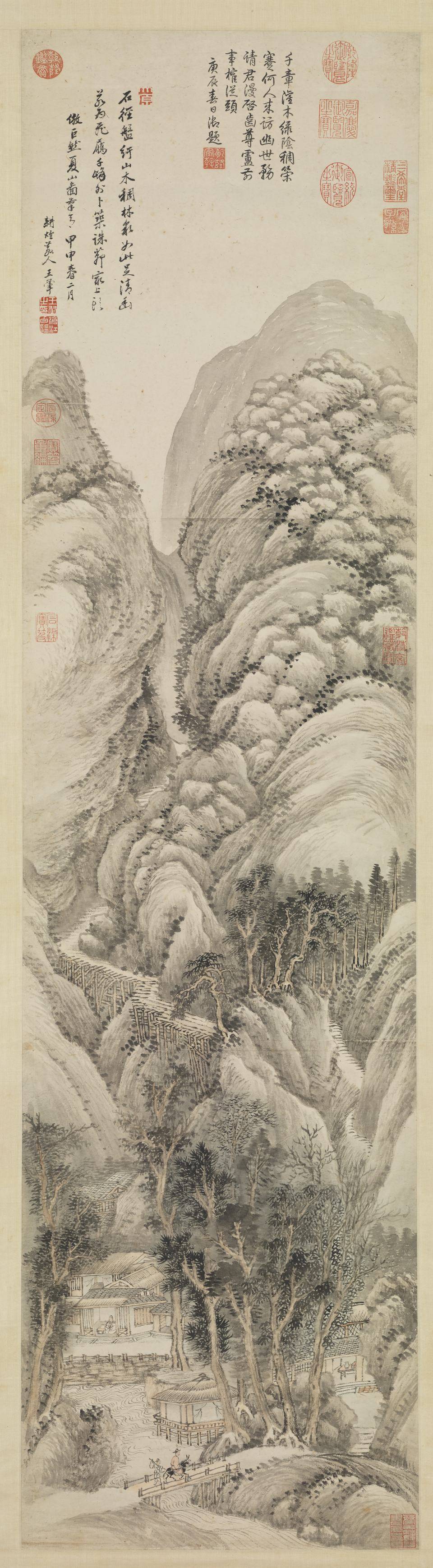 仿巨然夏山图轴.清.王翚.绘.纸本水墨（144.3x36.8厘米）台北故宫博物院藏