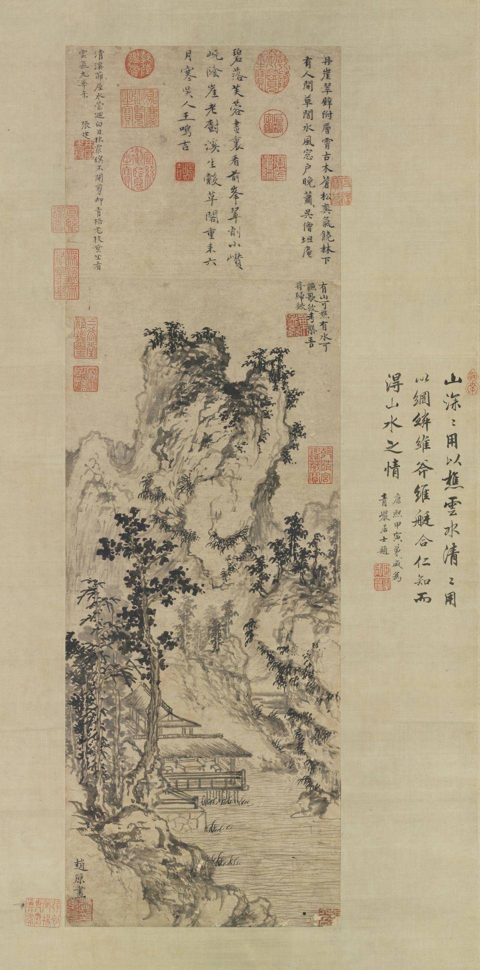 溪亭秋色图轴.元.赵原绘.纸本水墨（61.4x26厘米）7711x15574像素.台北故宫博物院藏